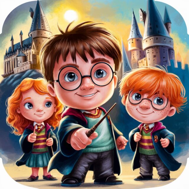 Harry Potter with Friends: A colorful cartoon illustration showing Harry Potter holding his wand, with Hogwarts castle in the backgrou